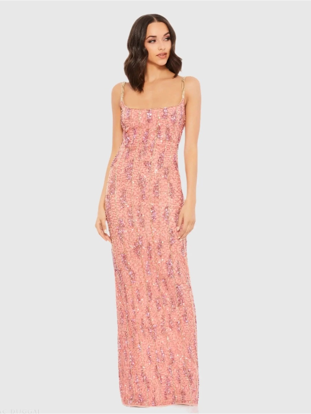 Mac Duggal Pink Sequin Maxi Dress with Gold Chain Straps